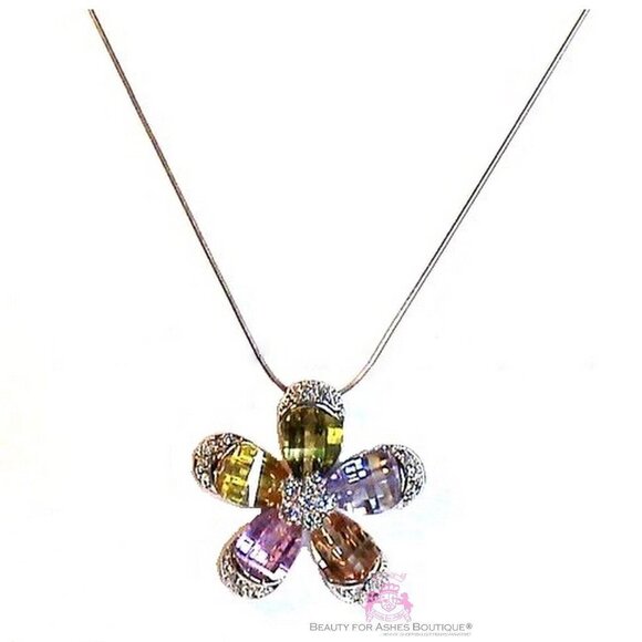 Petals Cubic Zirconia Multi Color White Gold Plated Cz Flower Bloom Necklace - Picture 1 of 4